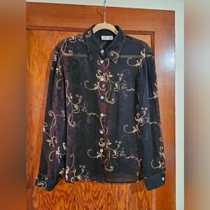 Vintage Tess 100% Silk Semi Sheer Brown Long-sleeve Button-down Blouse